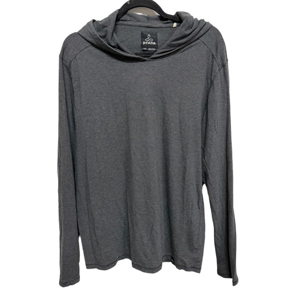 PrAna Men's Gray Striped Hooded Long Sleeve Shirt Size Large Athletic Lounge - Picture 1 of 5